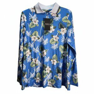 NWT | GGOV Blue & White Floral Tropical Long Sleeve Performance Polo Shirt | Lar